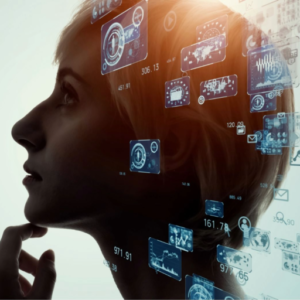 An image of a pensive-looking woman in side profile with a hint of a sunrise coming from the top of her head and icons of high tech dashboards coming from the back of her head